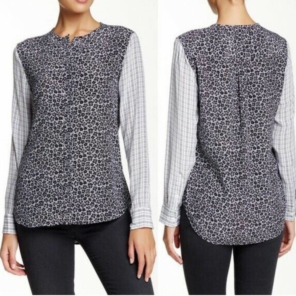 Equipment 100% Silk Lynn Contrast Long Sleeve Button Up Top Floral Check Large